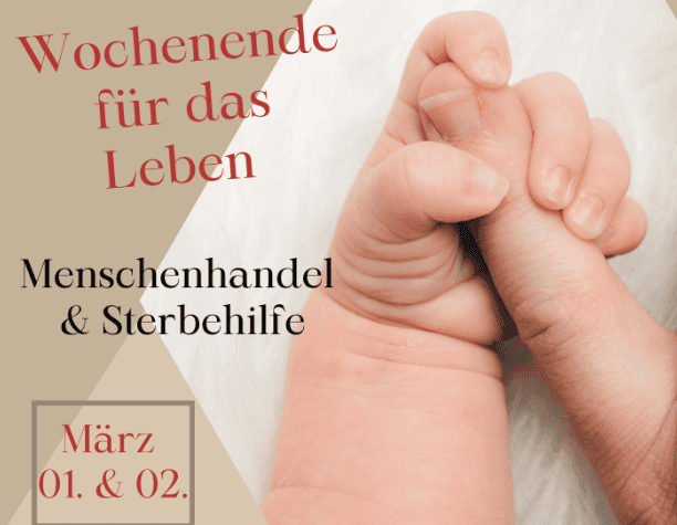 Babyfinger embraces mother, flyer for the Weekend for Life on the topic of human trafficking and euthanasia