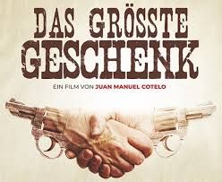 Poster of the movie "Das größte Geschenk", two pistols and two shaking hands blur and form a sign of forgiveness