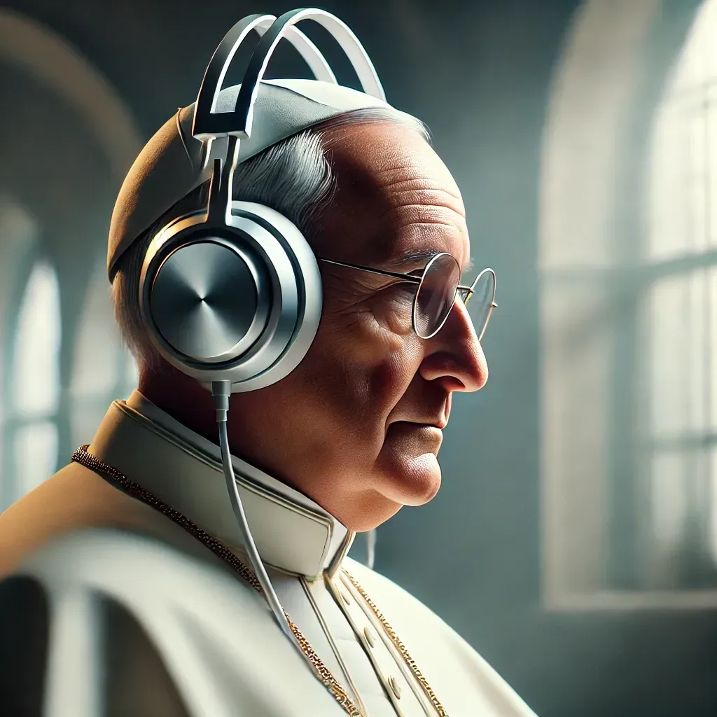 A photorealistic image of the Pope wearing modern headphones, seated in a serene environment like a Vatican library or a study